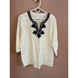 Symple NYC Linen Blouse V Neck White Navy Blue New Tunic Shirt Top Large New